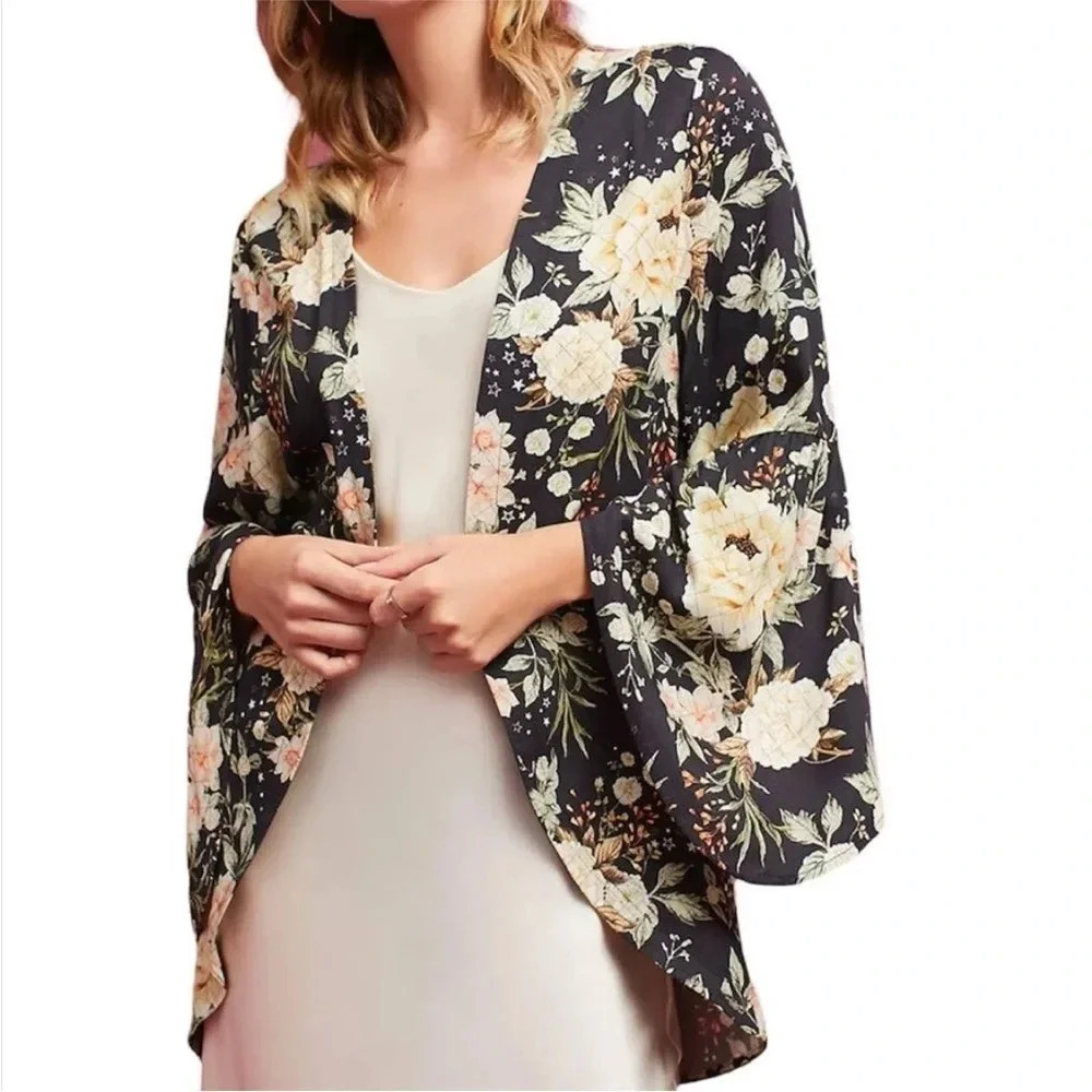 Farm Rio Floral Star Kimono Jacket One Size Charcoal Boho Open Front